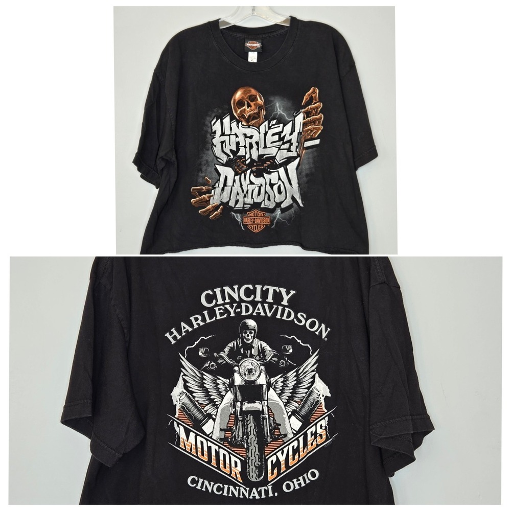 Harley Davidson Shirt Mens XL Cropped CinCity Cincinnati Ohio Skeleton Biker‎